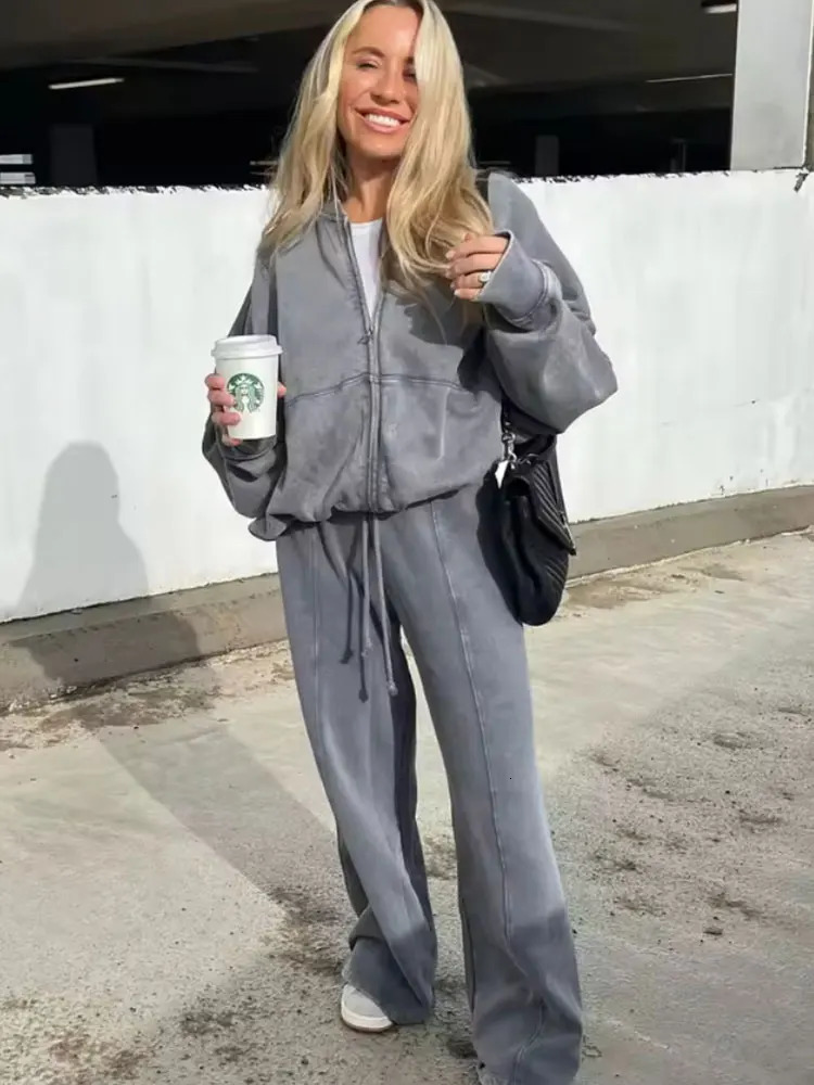 HH Womens Fall 2Piece Retro Solid Color Zip Bomber Jacket SweatshirtHigh Waist Lace Up Womens Wide Leg Pants Street Wear 251013