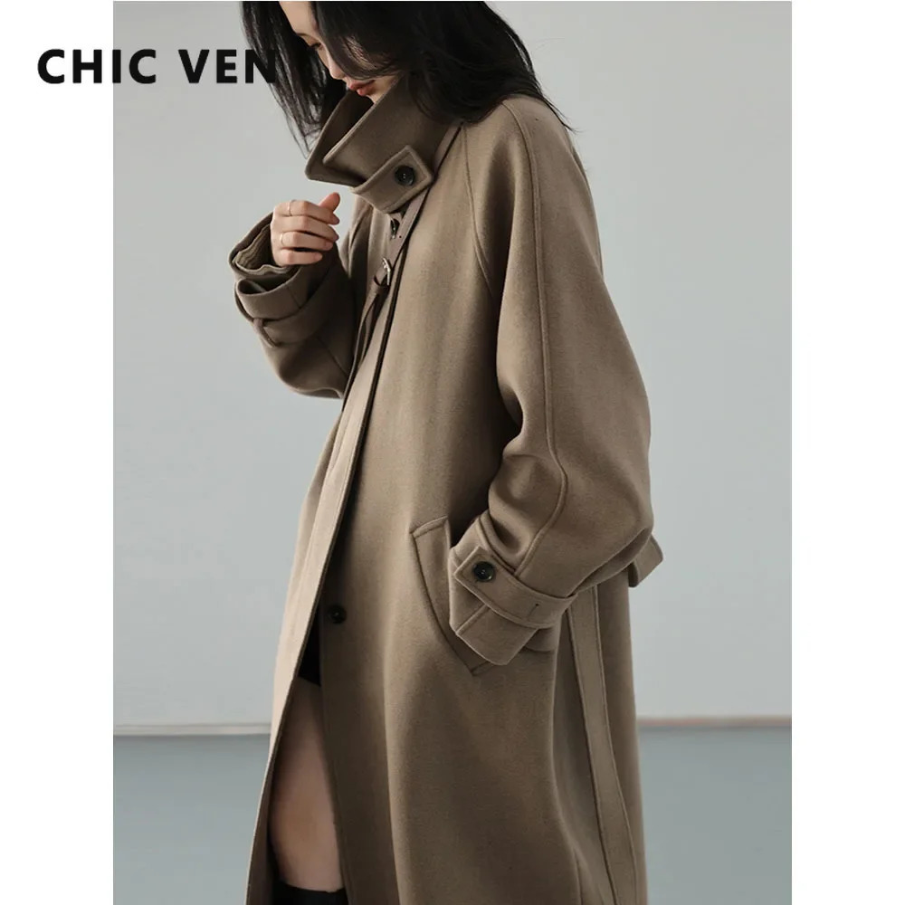 CHIC VEN Women Long Trencn Coat Standing Belt Lace Up Woolen Raglan Sleeves Overcoat Office Lady Autumn Winter 251027
