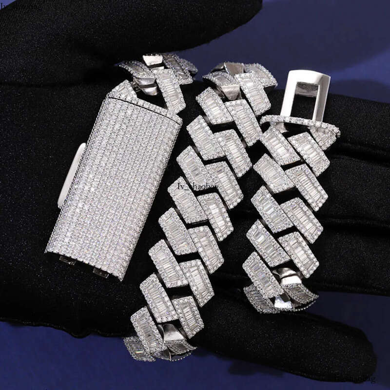 Baguette dia 20mm gold plated Sier necklace vvs moissanite baguette cuban link chain aaa