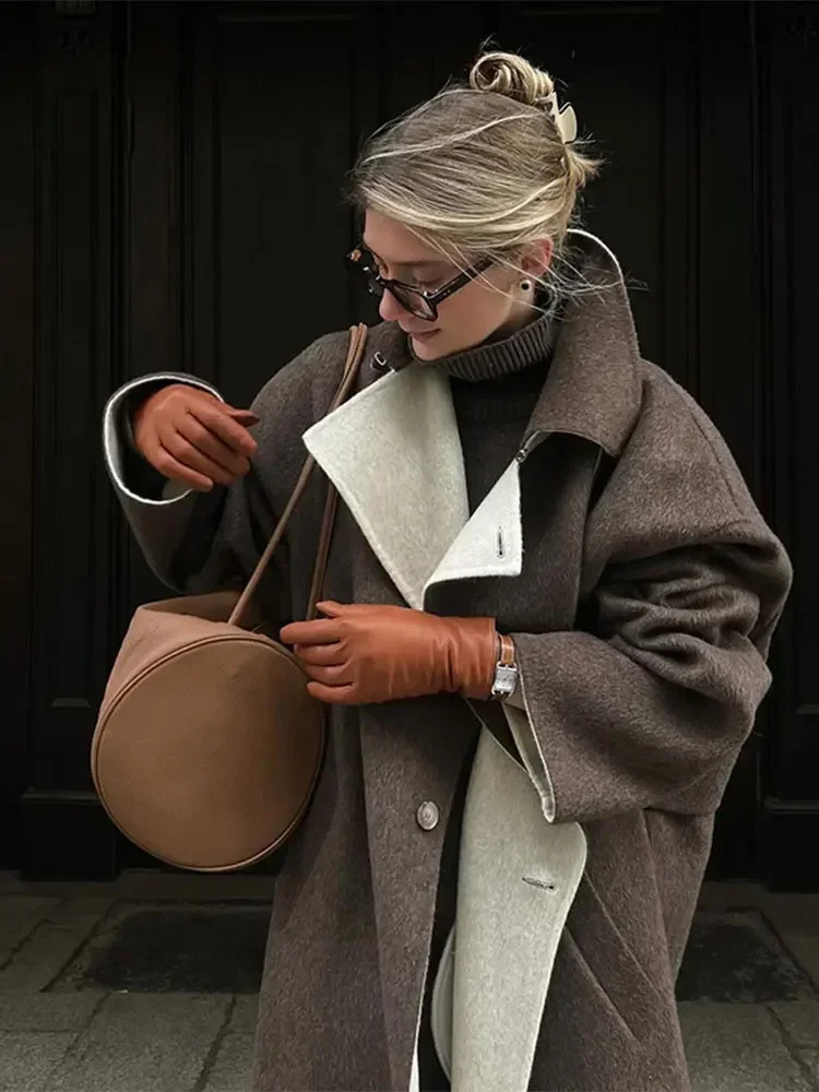 Elegant Patchwork Woolen Long Coat Women Lapel Long Sleeve Single Breasted Pocket Overcoats Autumn Lady Office Outwears 251024