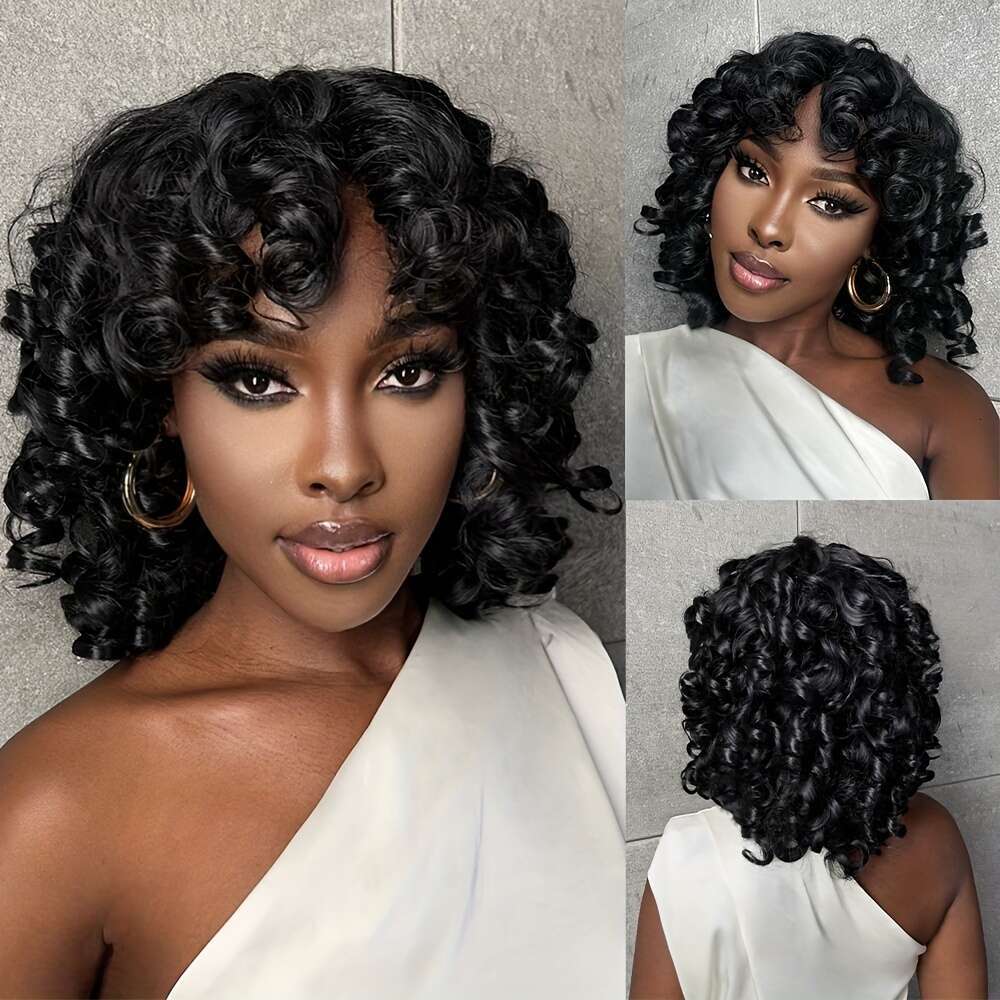 14 Inch Short Black Wigs For, Fluffy Wavy With Bangs, Shoulder Length Afro Kinky Curly Big Bouncy Wig For Daily Use