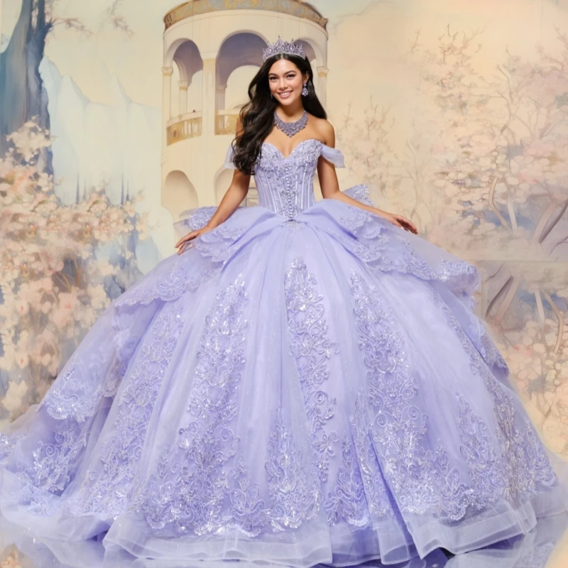 Lavender Quinceanera Dresses Off The Shoulder Applique Lace Beading Tull Party Birthday Sweet 16 Dress Vestidos 15 De Anos