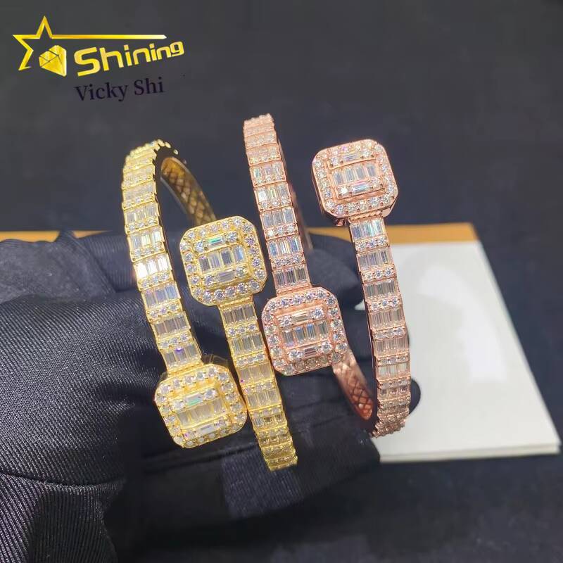 Fine Jewelry GRA Certificated VVS Moissanite Bracelet Hip Hop 925 Solid Silver Baguette Moissanite Diamond Bangle Bracelet