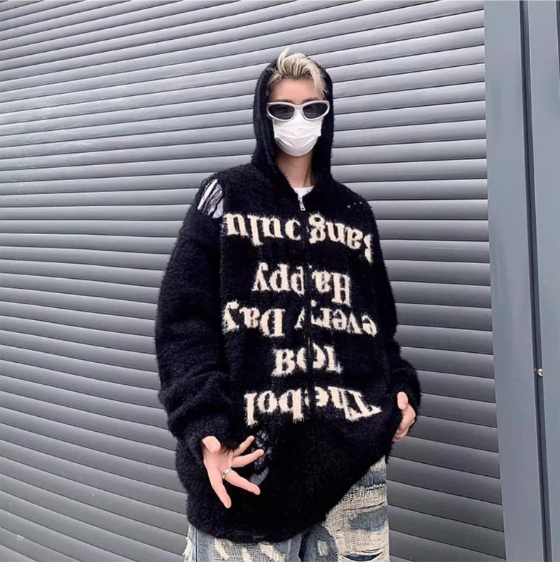 American Style Designer Sweater Lazy Ripped Hooded Knitted Cardigan Sweater Unisex High Street Loose Couple Zipper Fuzzy Coat