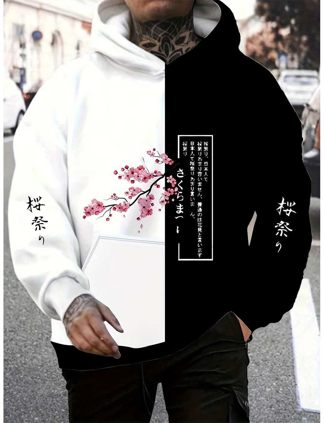 Japanese Streetwear Mens Cherry Blossom Hoodie SpringAutumn Long Sleeve Casual Top Trendy Print Side Pockets W251027