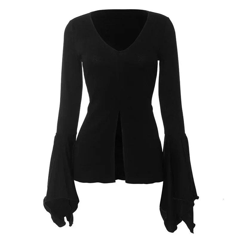 Goth Dark Fairy Grunge Flare Sleeve Vneck Tshirts Gothic Split Sexy Lettuce Hem Female Blouses Y2k Black Slim Fashion Alt Tops 251027