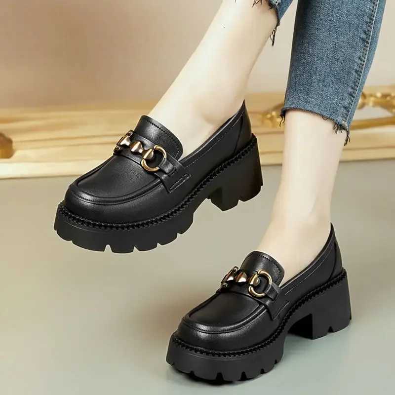 Womens Platform Loafers British Style Slip Round Toe Oxfords Metal Chain Buckle Ladies Chunky Heel Jk Uniform Lolita ShoesXJ251027
