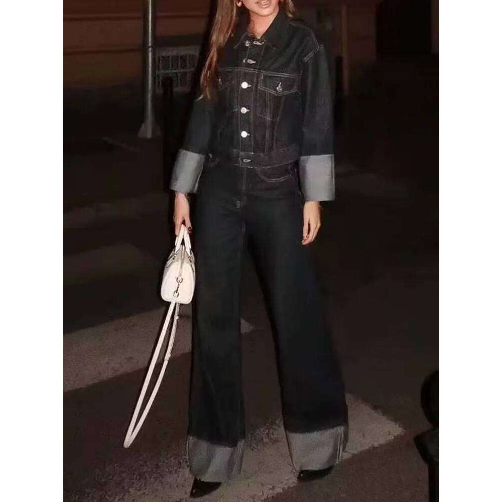 HH 2024 Autumn Female Vintage Denim Suit Long Sleeve Single Breasted Lapel Coat+High Waist Wide Leg Jeans Street Fashion Set