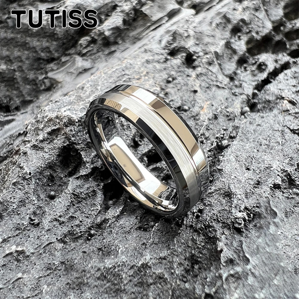 TUTISS Classic Jewelry 6MM 8MM Original Color Tungsten Wedding Band Ring Brushed Polished Grooved Beveled Comfort Fit 251023