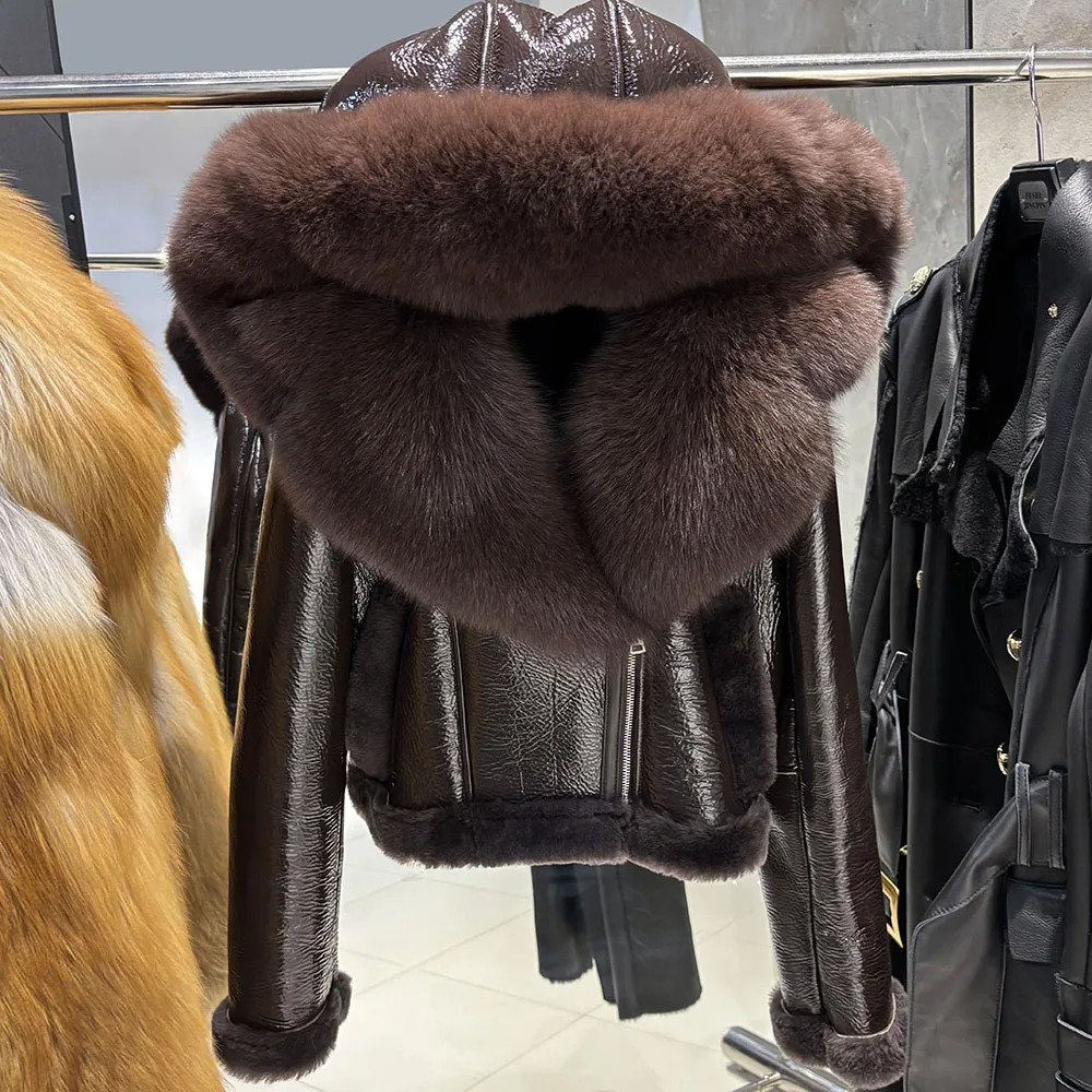 YOLOAgain Burgundy Shearling Jacket With Hood Women Winter Real Leather Coat 251027