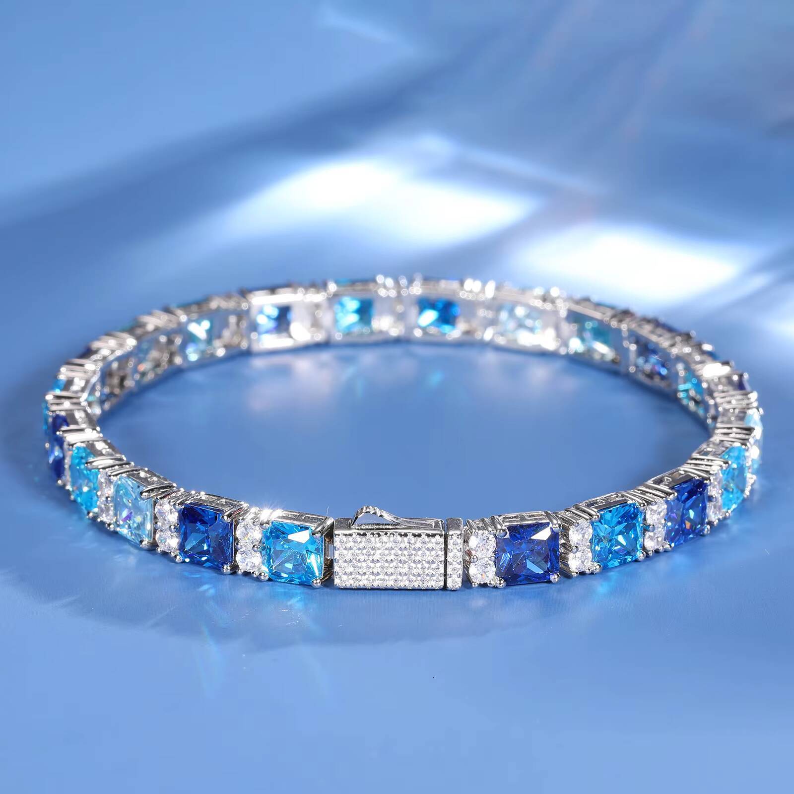 Party Gift Hip Hop Fine Jewelry 65mm Full Pave Gradient Gemstone AAAAA Blue Cz Cluster Fashion Tennis Bracelet