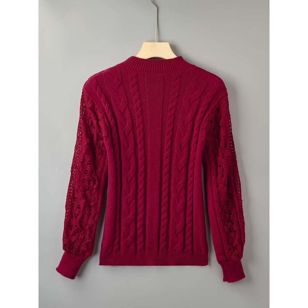 Women's Elegant With Detail - Collar, Geometric Pattern, Fall/Winter Style, Contrast Design, Winter Lace | Mandarin Collar Top, Sweater Top