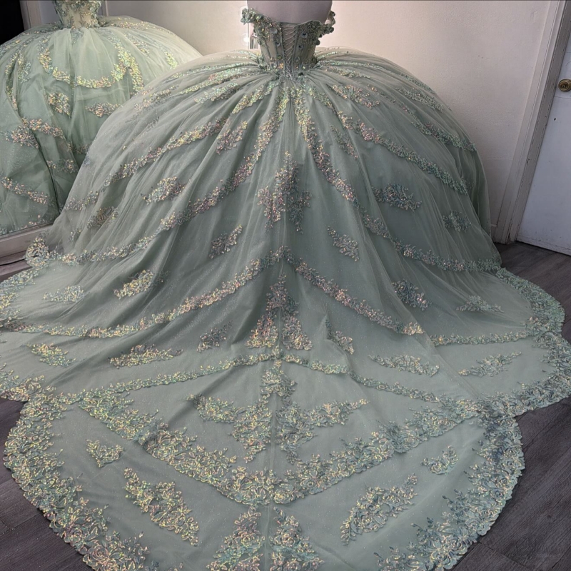 Green Shiny Quinceanera Dresses Off The Shoulder Applique Flower Beading Crystal Tull Party Birthday Sweet 16 Dress Vestidos 15 De Anos