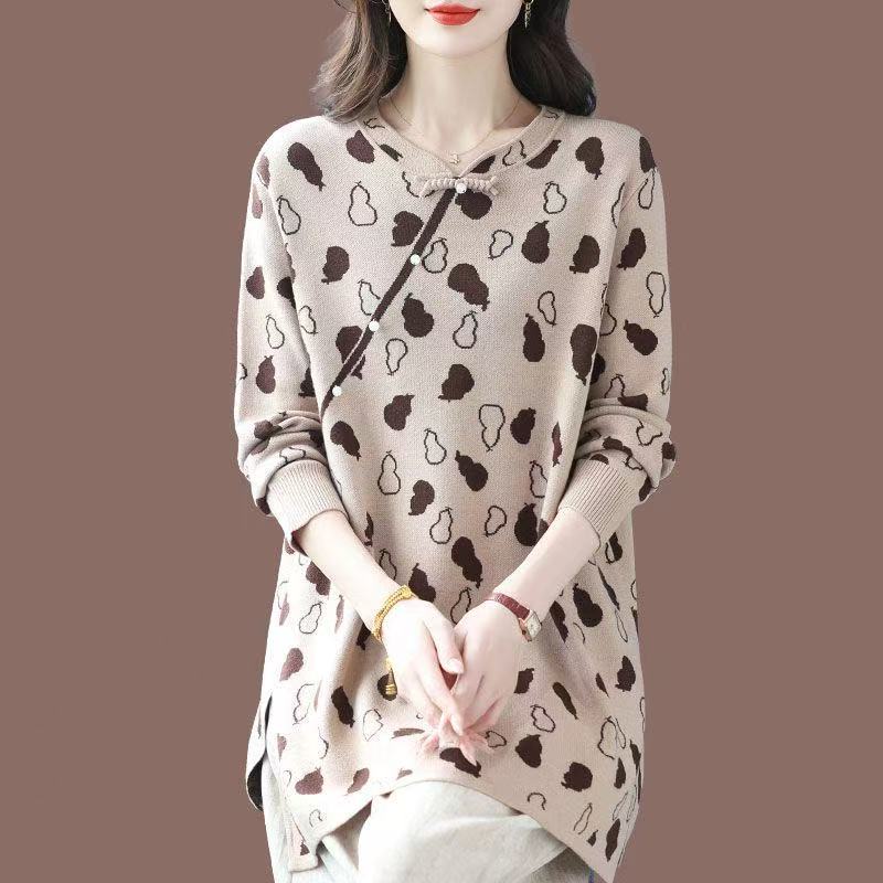 plus size women's new long sleeve high waist printed banquet dress mid-length skirt D02764