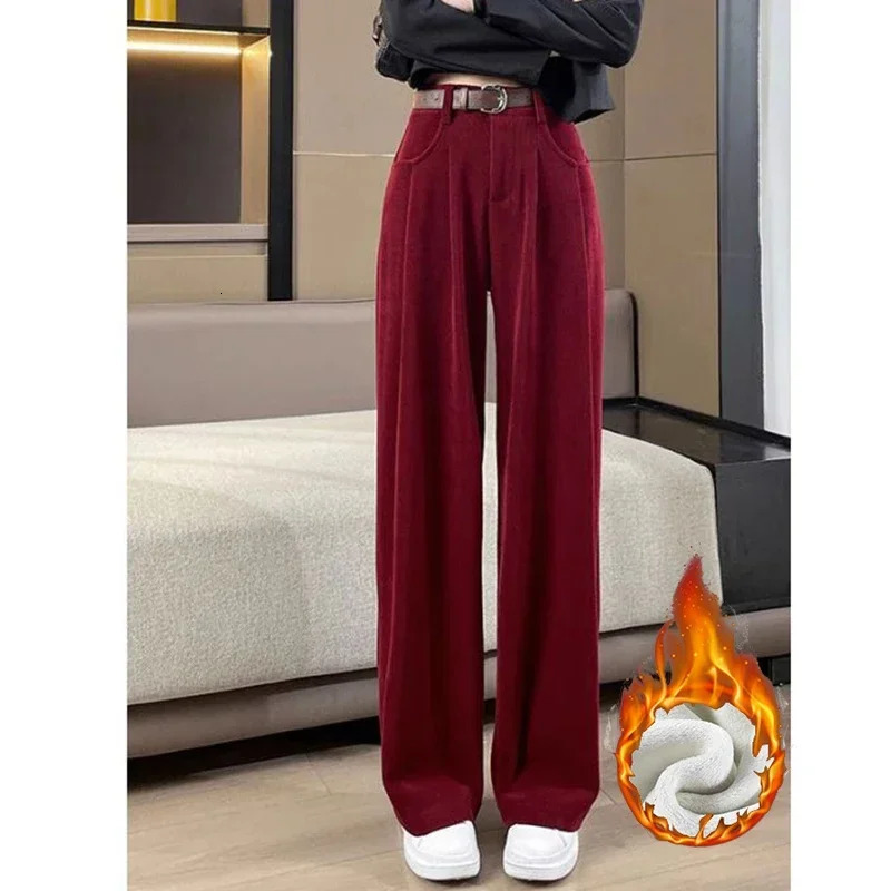 Winter Lady Snow Warm Pants Girls Classic Fleece High Waist Trousers Women Straight Leg Plush Thermal Casual 251027
