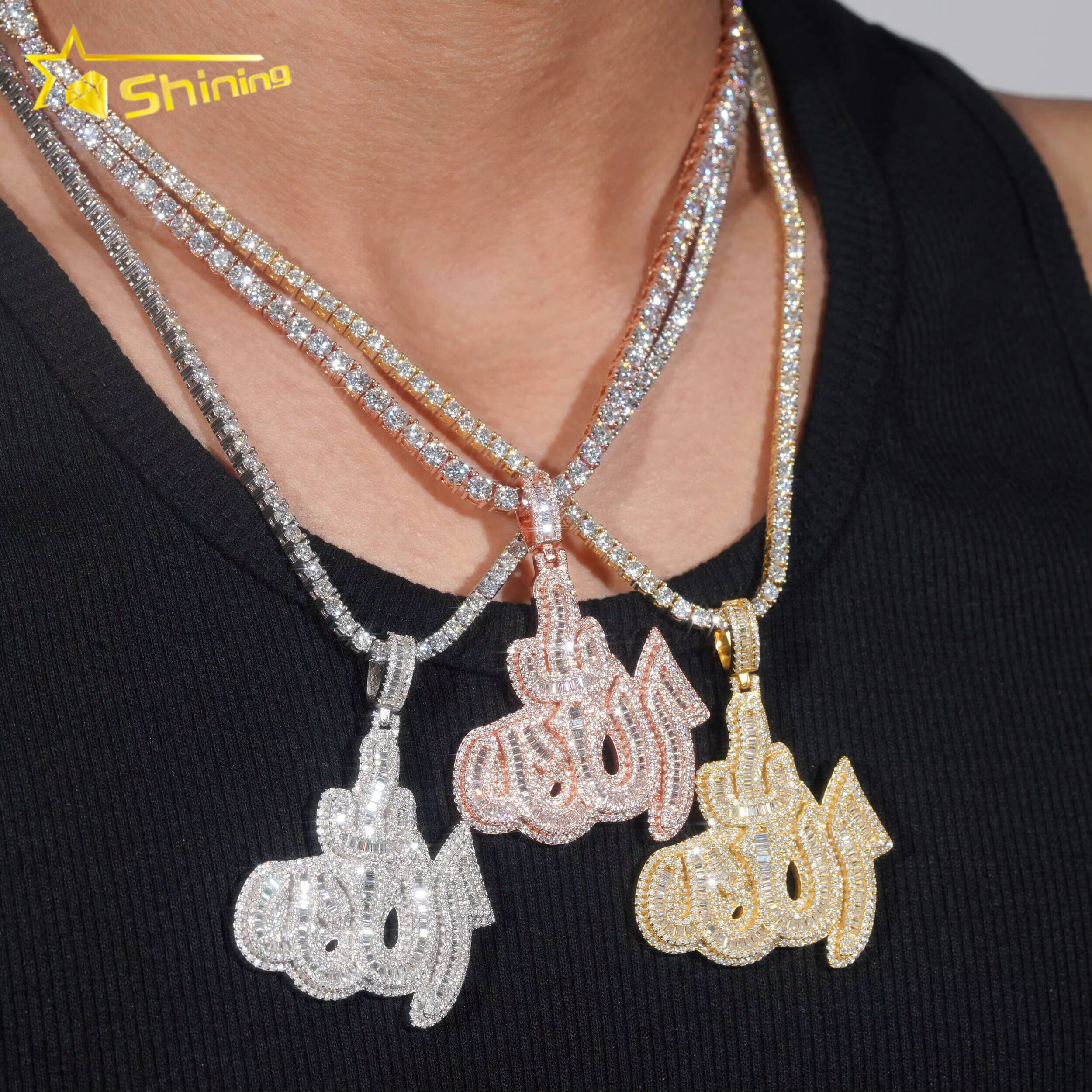 Ready to Ship Baguette Moissanite Allah Pendant 925 Sterling Silver GRA Moissanite Pass Diamond Tester Iced Out Diamond Jewelry