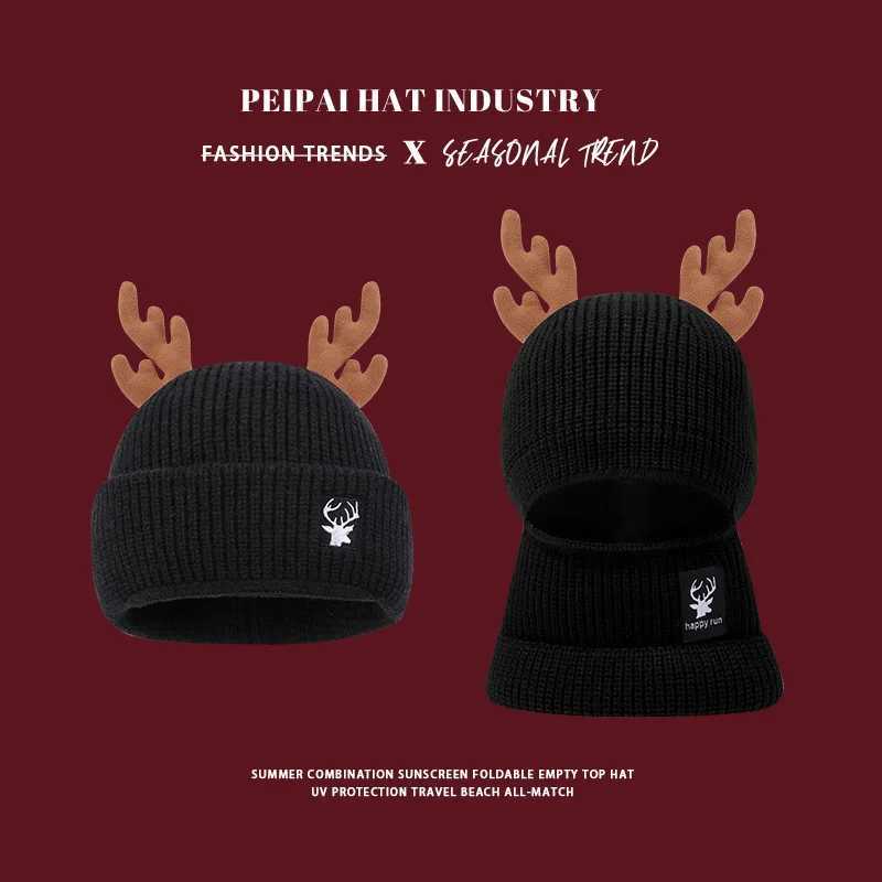 Christmas Balaclava Antler Foldable Two Way Knit Hat Red New Year Warm BeanieW251027