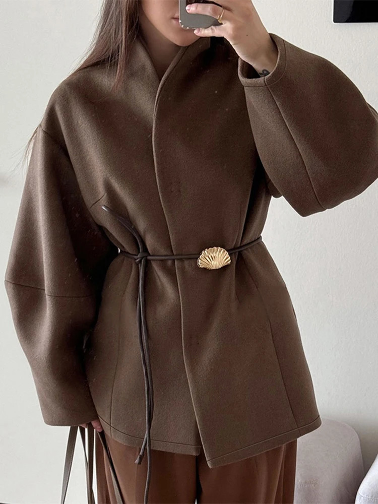 Womens Brown Stand Collar Lace Up Jackets Autumn Winter Fashion Slim Fit Long Sleeves Outerwear Daily Commute Lady Street Wear 251027