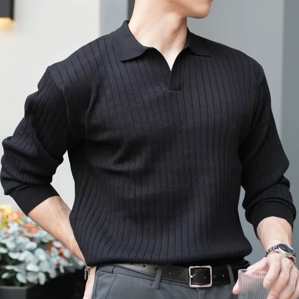 Light Mature Style Spring And Autumn New Korean Men's Solid Color Ribbed Designer Sweater Stretch Turn-down Collar Pullover Slim Fit Knitted Swea