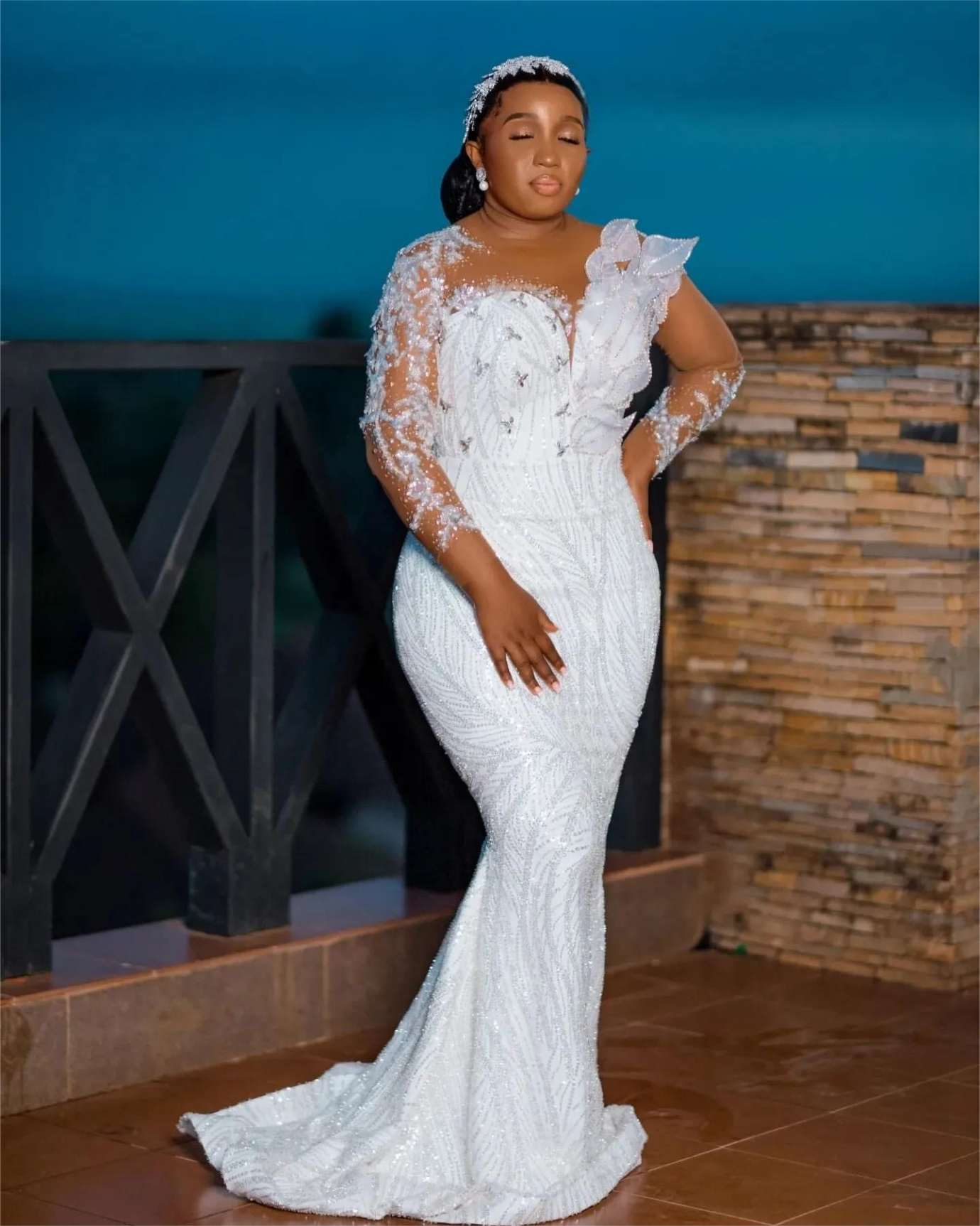 Aso Ebi Mermaid Wedding Dress in White with Florals Beaded Crystals Sequined Lace and Stunning Design