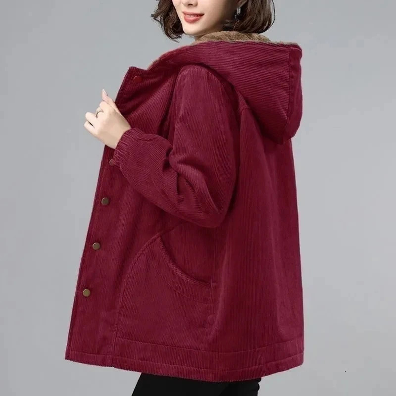 Women Corduroy Jackets Autumn Winter Solid Loose Coat Female Casual MiddleAged Plus Velvet Warm Hooded Ladies Overcoat 251027