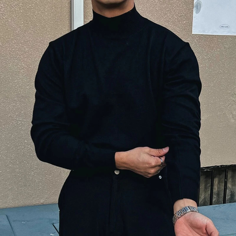 Korean Fashion Turtleneck Slim Sweaters Mens Casual Solid Color Bottoming Knit Tops Men Spring Fall Stylish Long Sleeve Sweater 251016