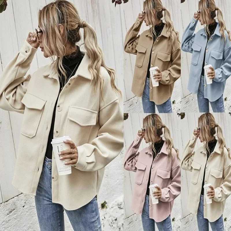 Women Long Sleeve Single Breasted Turndown Collar Woolen Coat Women Solid Loose Cardigan Pocket Coat Spring Autumn Woolen Coat M251027