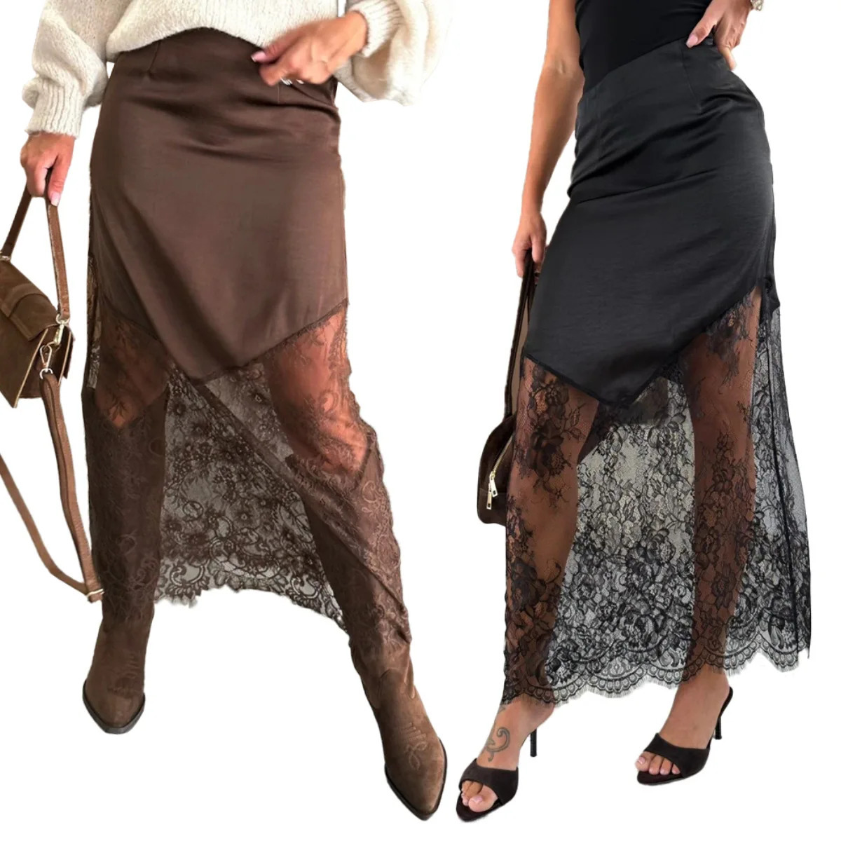 Elegant MidLength Lace Patchwork Womens Skirt Bodycon Mini Dress CrossBorder Autumn Winter Street Style Pure Color Trend 251027