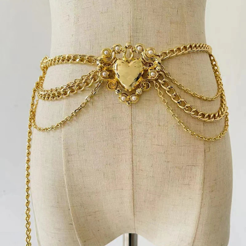 Fashion small fragrance multilayer golden heartshaped waist chain Celebrity style creative fringe belt chain dress accessories 251023