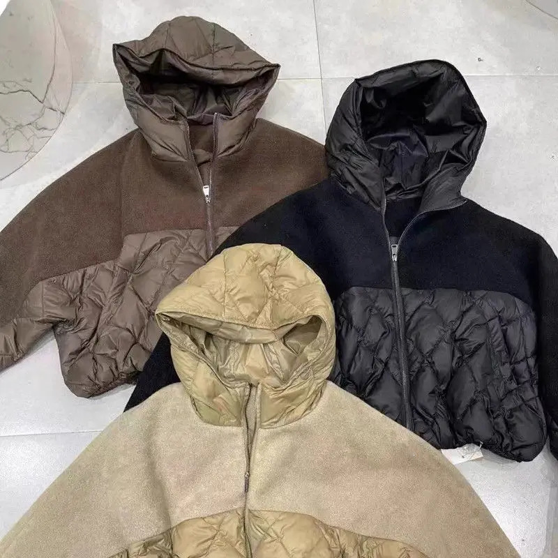 Autumn Winter Down CottonPadded Jacket Womens Overcoat Short Diamond Lattice Bat Sleeve Wool Spell Warm Parker Coat 251027