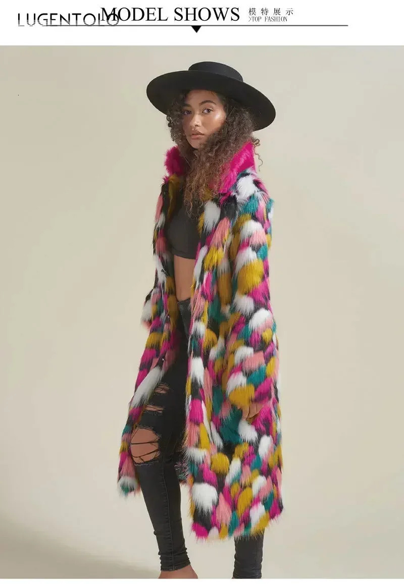 Women Faux Fur Long Coat Rainbow Colorful Fashion Faux Fox Fur Autumn Winter Lady Casual Street Warm Quality Cloth 251013