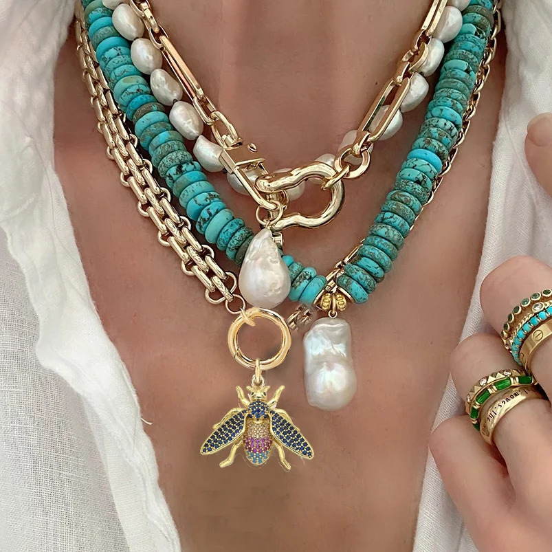 Irregular Natural Blue Turquoise Necklace for Her Bohemian Handmade Jewelry Short Necklace for Gift 251013