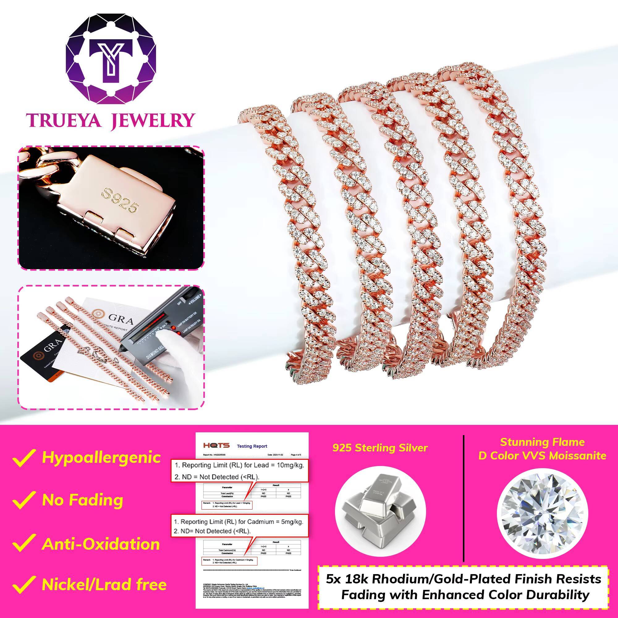 Wholesale Miami Unisex 6mm Cuban Link Chain Bracelet 18k Rose Gold Plated 925 Silver Hip Hop Jewelry Iced Out Moissanite Diamond