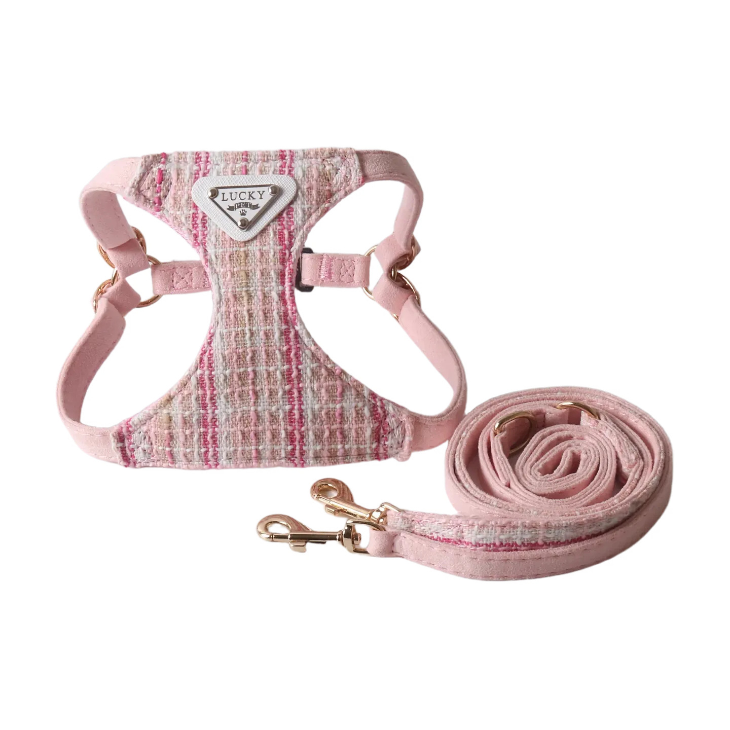 Tweed Pet Harness and Leash Set with Triangular Accent - Breathable Mesh Walking Vest with Double Hooks, Stylish Adjustable Harness for Small Medium D