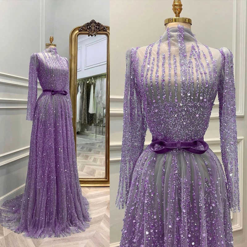 Real Photo Evening Dress Full Sleeve Prom Gowns O-Neck Beads 3D-Lace Satin Sexy Prom Dress vestidos de novia Size Customized Robes De Mariee L252817