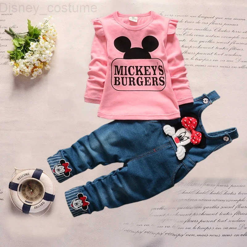 Disney Minnie Mouse Baby Girl Clothes Sets Spring Autumn Toddler Long sleeves Tshirt Overalls Jeans 2pcs Suit Casual Children Clothing H251027