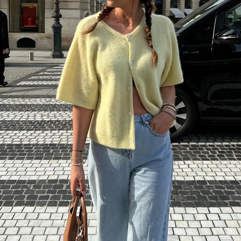 Maemukilabe Vintage Button Up Short Sleeve Cardigans Preppy Aesthetic Y2K Knitted Sweater Tshirt Women Loose Fit Knitwear Tops 251027