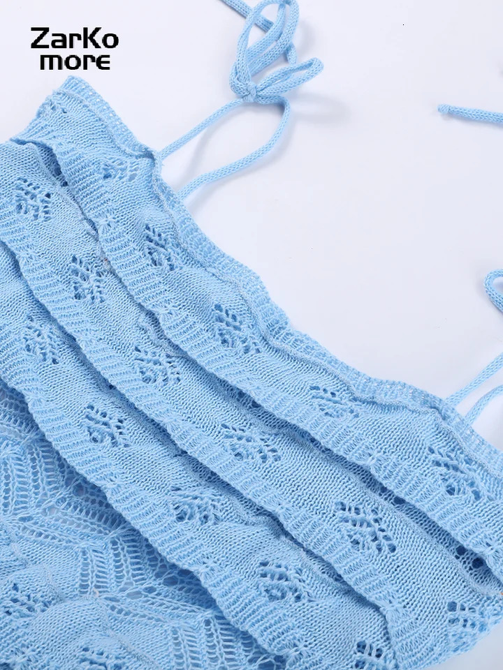 Sexy Slip Long Dress Women Ruffles Sleeveless Backless Hollow Out Blue Cake Dresses 2025 Summer Lady Vacation Beach Slim Robes 251027