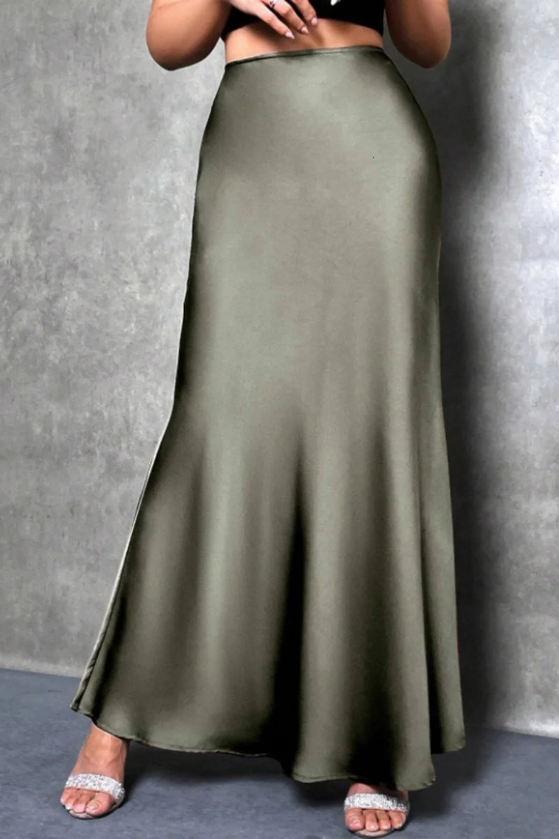 Elegant silklike satin Aline midi skirt with high waist and mermaid tail for women in spring summer 251027