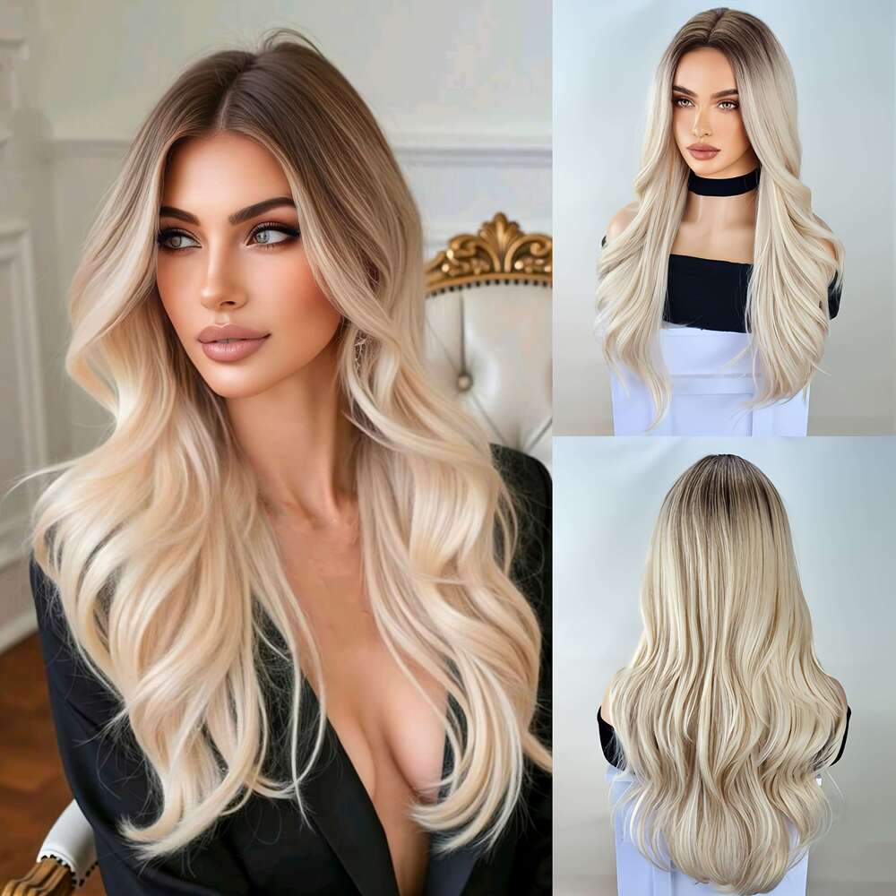 Luxurious Blonde Ombre Curly Wave Wig For Women, High-Density Fiber, Middle Part, Rose Net Cap, Versatile Styling Options
