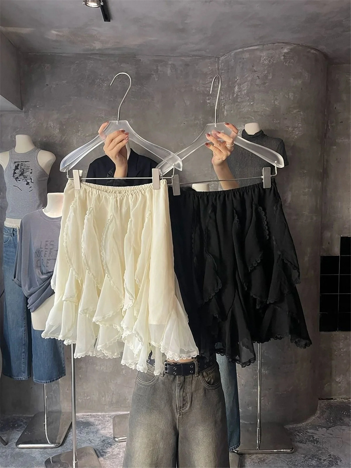 Mini Skirts Women Summer Chiffon Ruched Woman Clothing 2000s Clothes Y2k Kawaii Black Lace White 251027