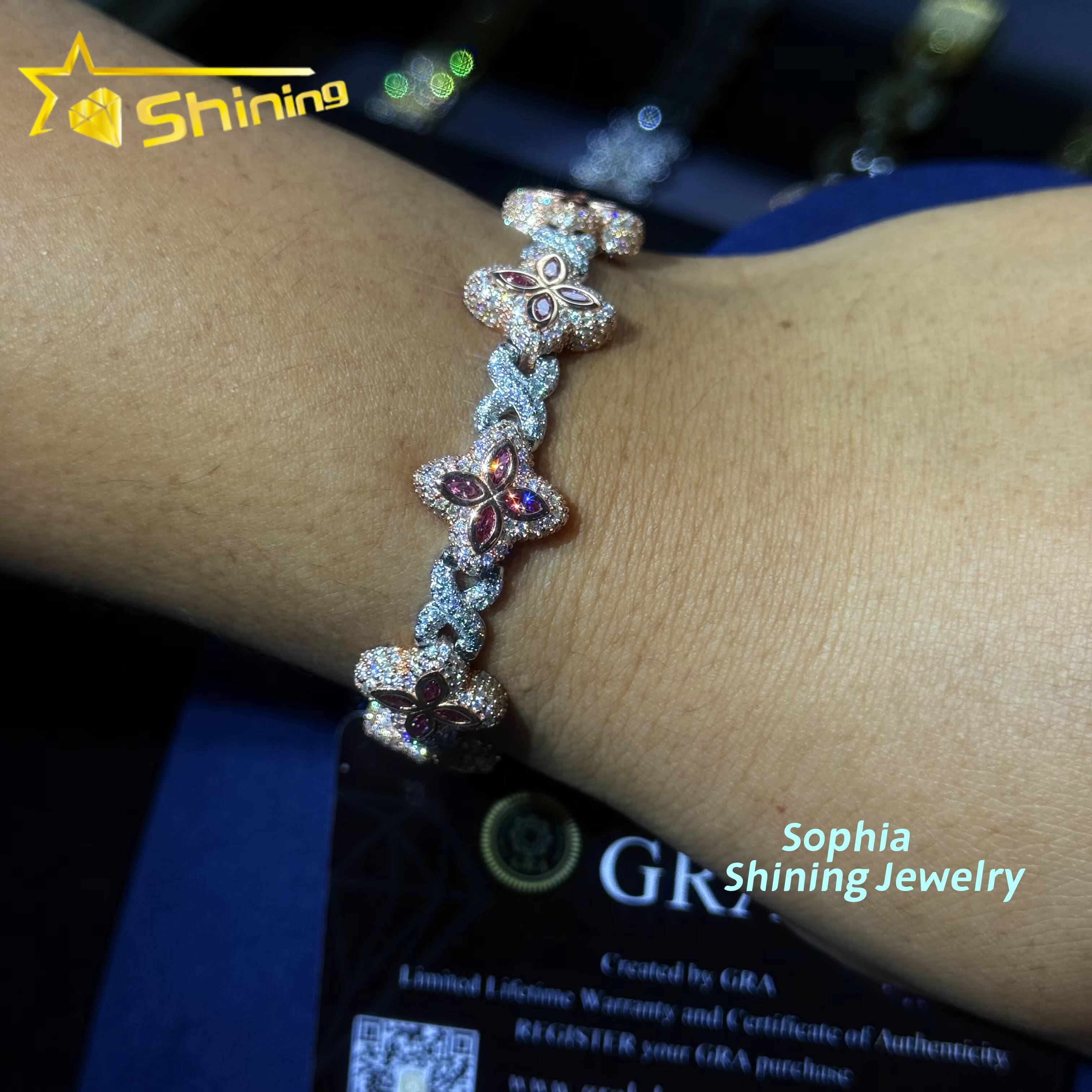 New Arrivals Fashion Jewelry 925 Sterling Silver Vvs Pink Color Moissanite Diamond Four Leaf Clover Cuban Link Tennis Bracelet