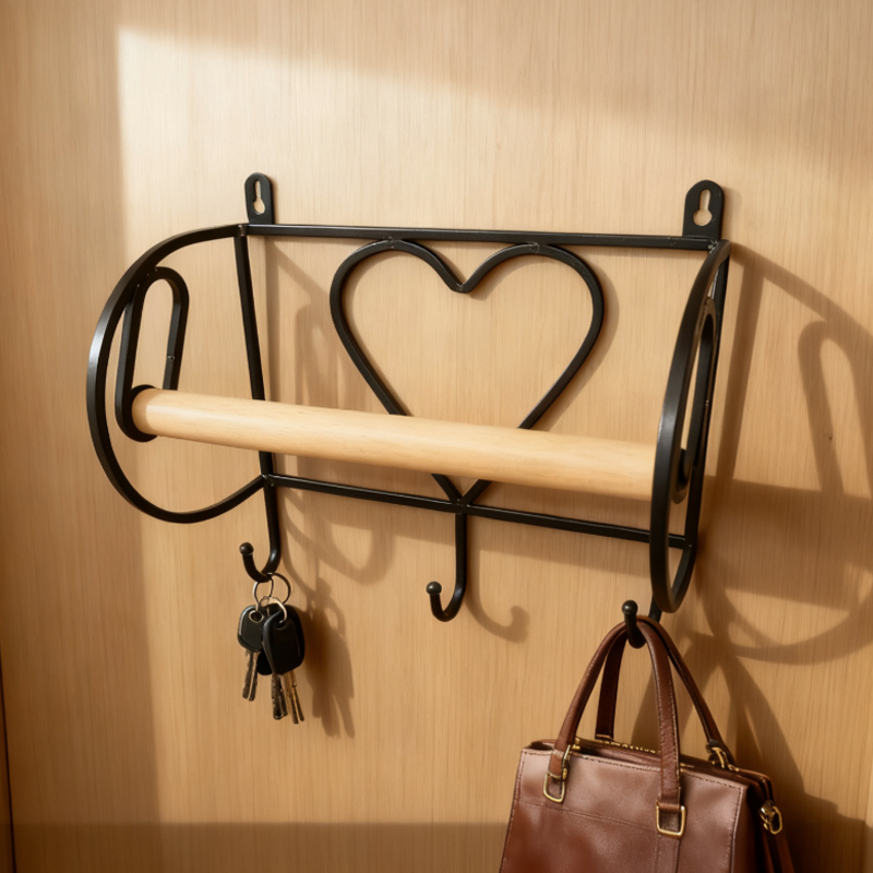 Vintage Black Iron Heart Paper Towel Holder with Wood Rod & 3 Hooks, Wall-Mounted Kitchen/Bathroom Organizer Rack