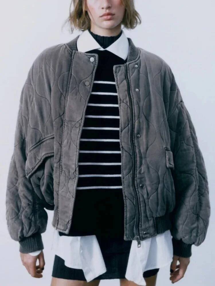 winter jacket women Women's Round Neck Aviator Coat Warm Loose Cotton Zip With Button Grey Fashion Vintage Jacket
