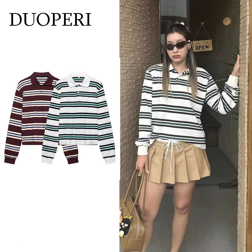 DUOPERI Women Fashion 2025 Striped Pullover Shirts Lapel Neck Long Sleeves Elegance Female Chic Lady Polo Shirt Tops 251027