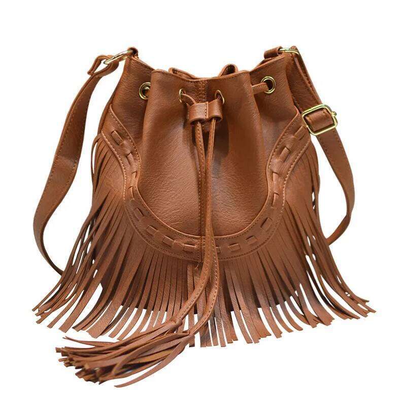Designer Luxury Ipinee Niche Design Casual Drawstring Handmade Tassel Bucket High Value PU Leather Shoulder Crossbody Bag