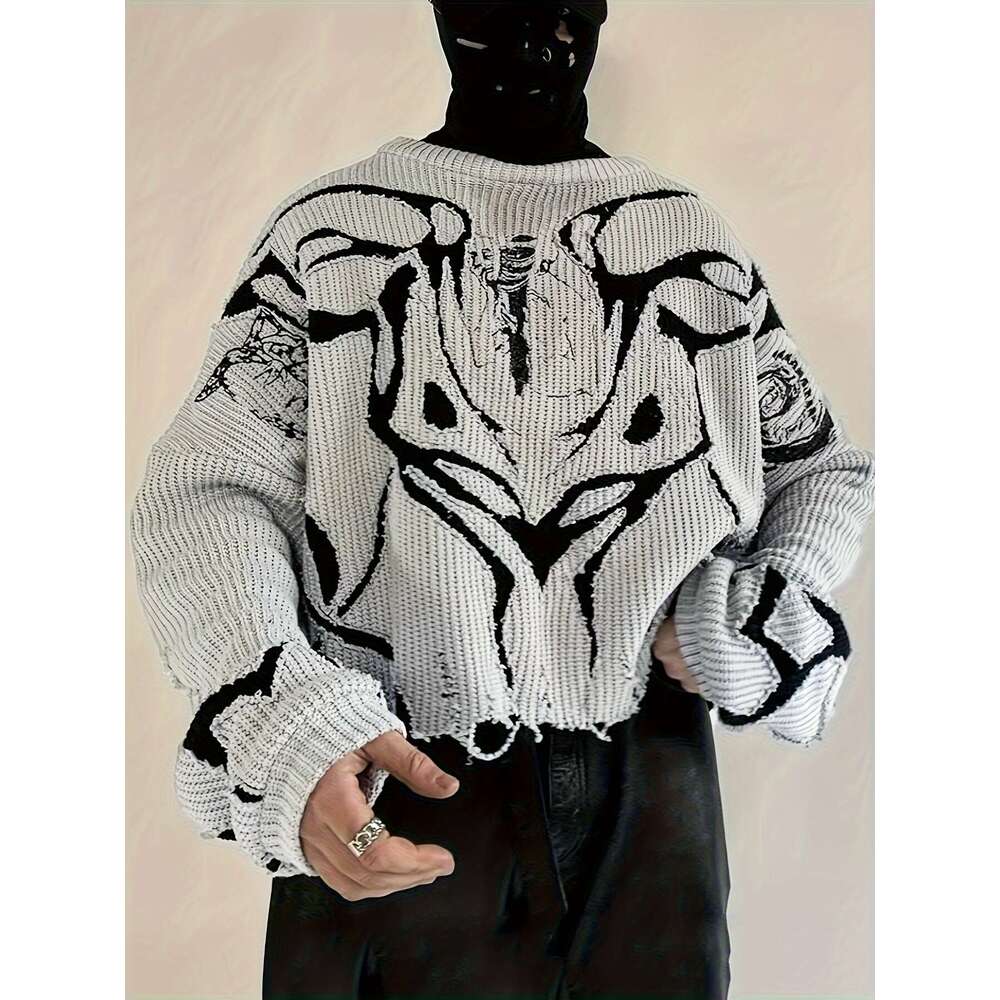 Graphic Pattern Knit Ripped Sweater, Casual Long Sleeve Pullover Sweater For Fall & Winter, Women's Clothing