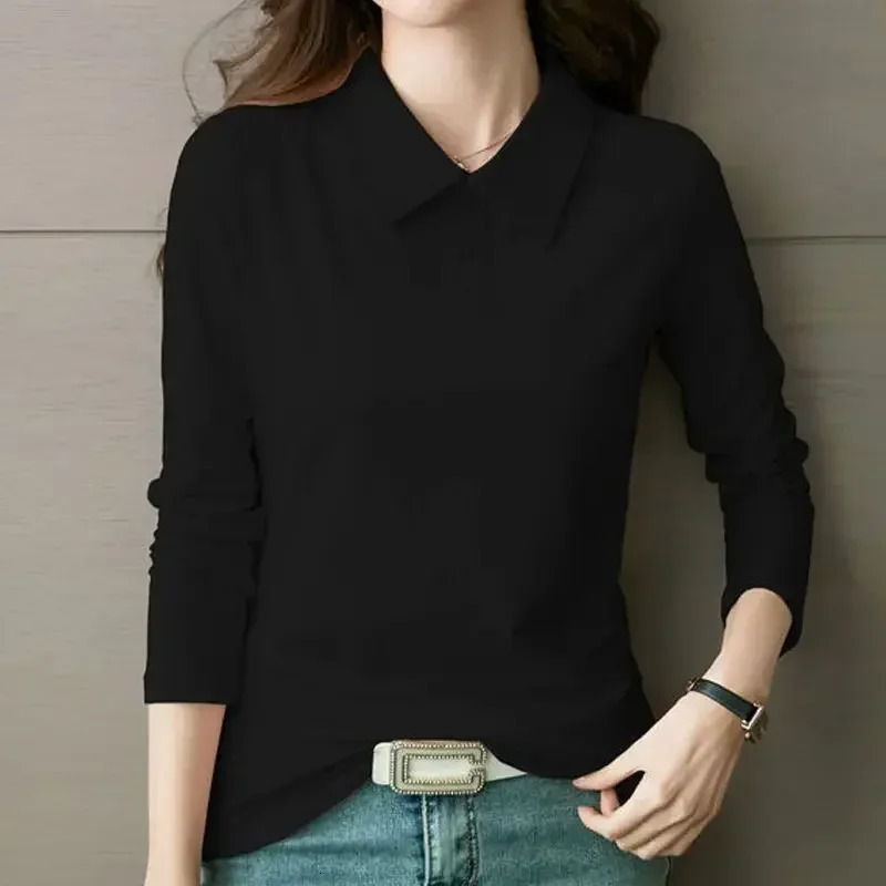 High Quality Tshirts 100 Cotton Female Tee Long Sleeve With Collar Korean Clothes Basic Pretty Original Womens Polo 251027
