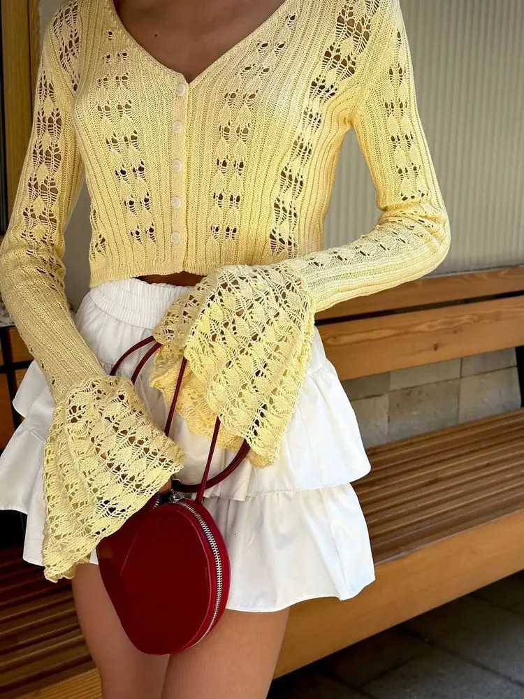 Tossy Knitwear Hollow Out Sweater Cardigan Women VNeck Long Sleeve SeeThrough Cropped Top Summer Knit Patchwork Cardigan Top 251027