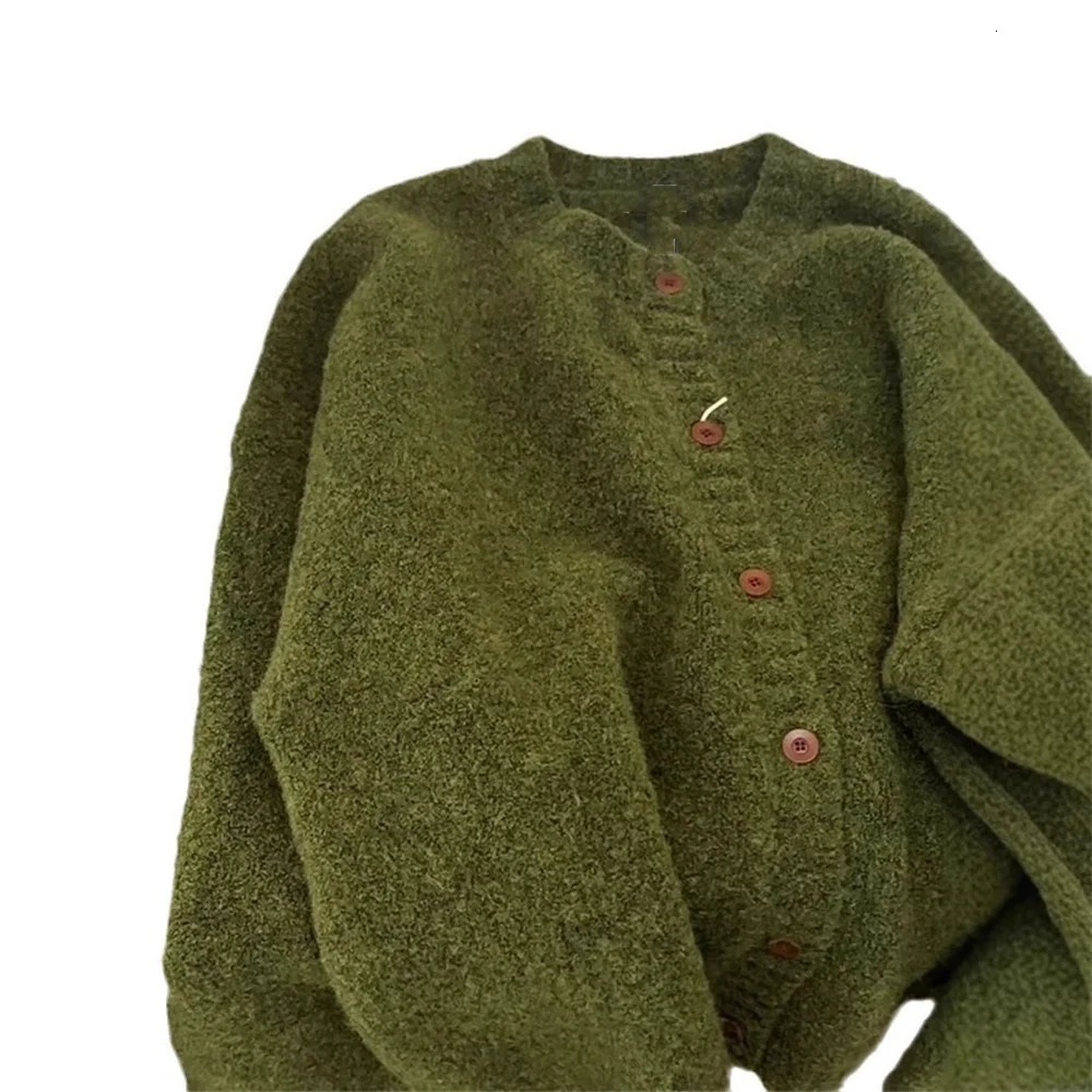 Retro Green Knitted Cardigan Womens Autumn Winter Round Neck Single Breasted Soft Thick Sweater Loose Casual Basic Coat 251027